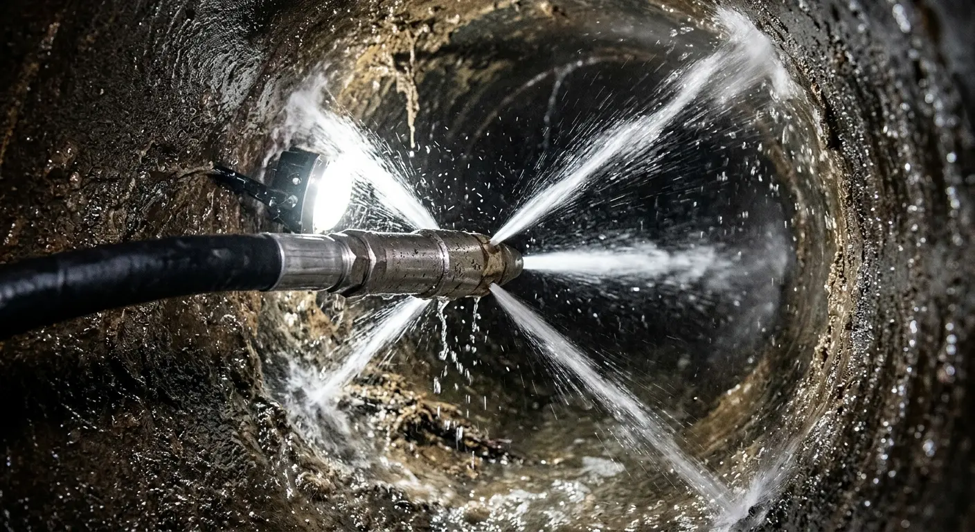 High-pressure hydro jetting nozzle cleaning sewer pipe for Storm Drain Cleaning in Maryland Heights