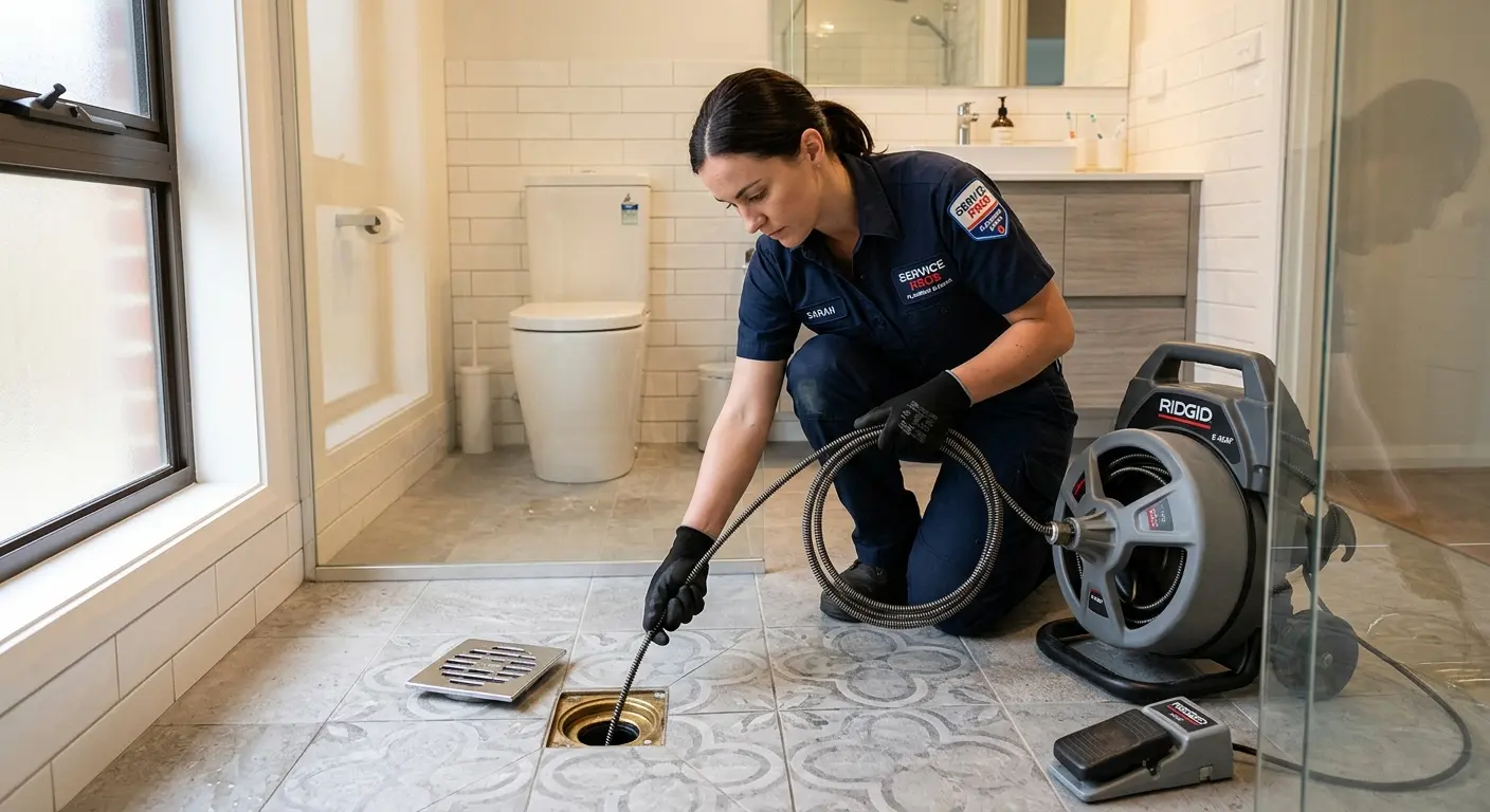 Technician clearing a bathroom floor drain for Sewer Line Installation in Maryland Heights